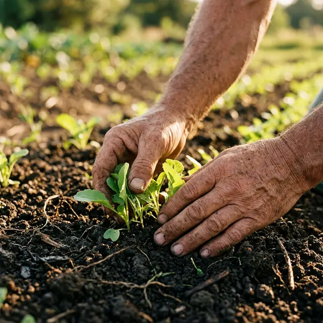 Hands touch soil